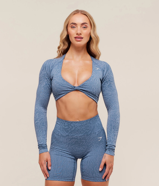 Adapt Animal Uzun Kollu Mavi Crop Top